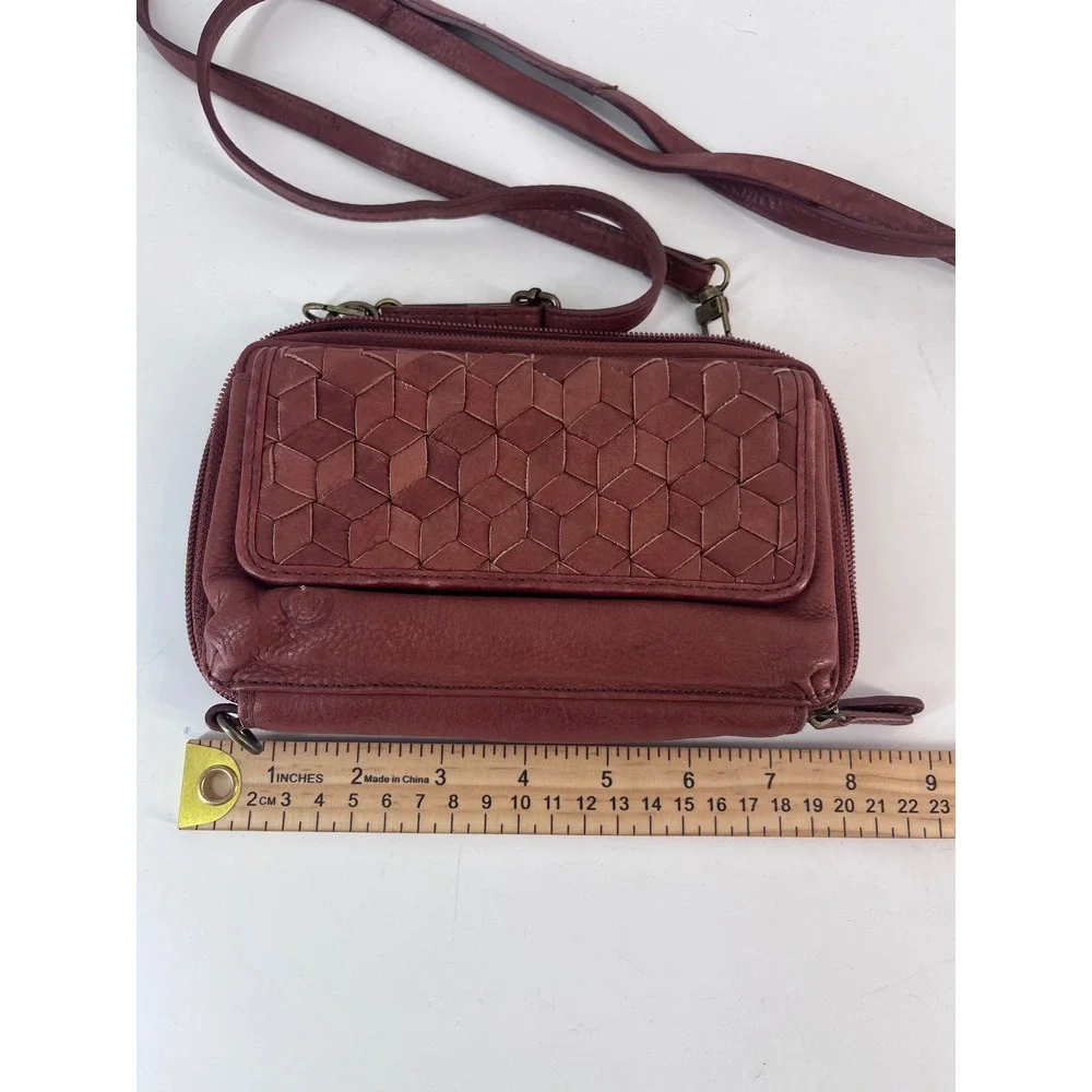 Burgundy Leather Woven Crossbody Wallet Bag Organizer Purse Classy Natural